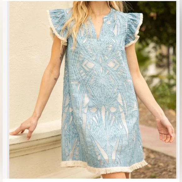Voy Dresses & Skirts - VOY Blue V-Neck Ruffle Sleeve Fringe Burnout Shift Dress Med Boho Cotton Linen